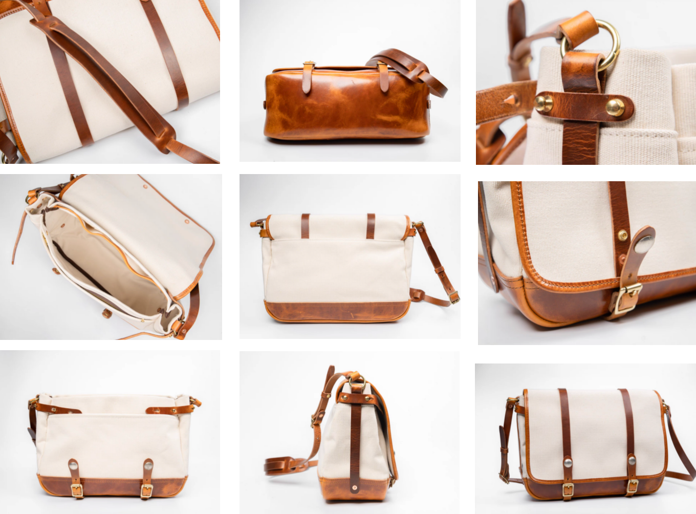 Close-up collage of messenger bag details including leather bottom, interior, buckles and back pocket