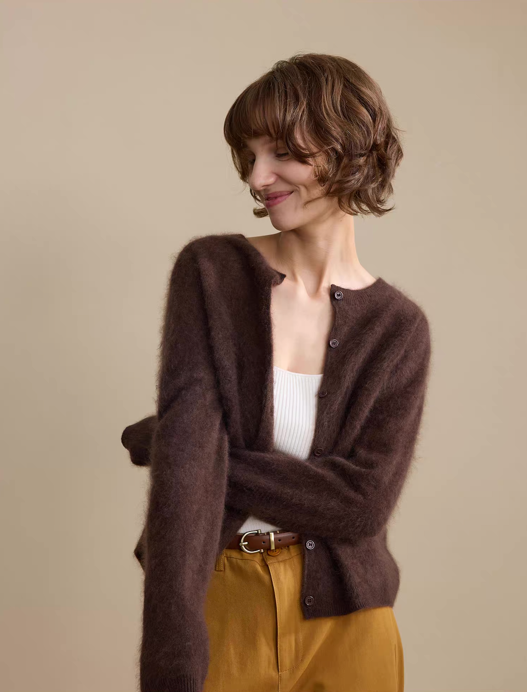 Soft brown mohair cardigan for women – warm lightweight knitwear