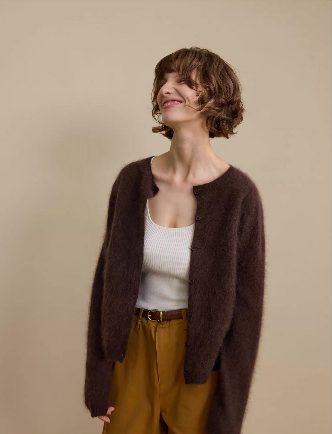 Women’s soft brown mohair cardigan outfit – cozy fall winter layering