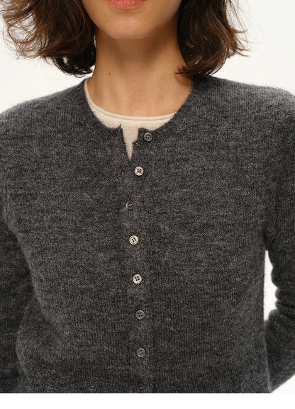 Close-up of charcoal gray alpaca cardigan showing fuzzy texture and buttons