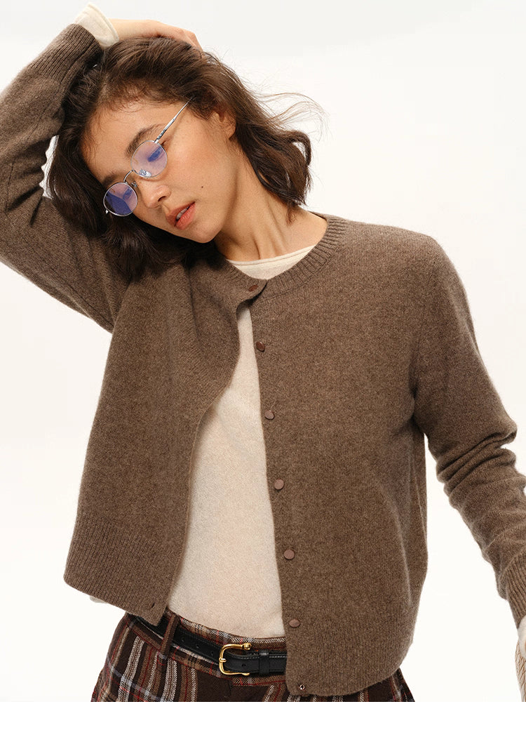 Coffee brown yak-cashmere cardigan shown from front with relaxed drape