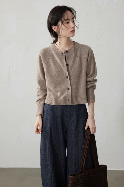 Light Brown cropped Merino cardigan styled with wide-leg denim pants