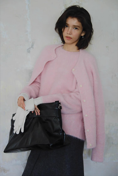 Women’s pink fluffy cardigan sweater – soft mohair winter knit
