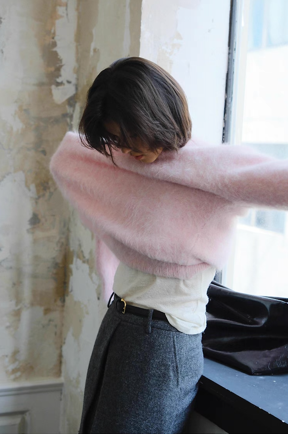 Soft pink fuzzy cardigan sweater for women – elegant lightweight knit