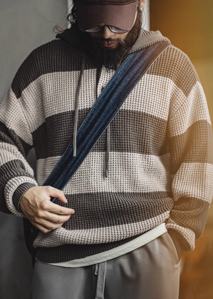 Casual Striped Waffle-Knit Pullover Hoodie Lead Gray Stripes styled with layered outfit showing soft knit fabric drawstring hood and everyday versatility
