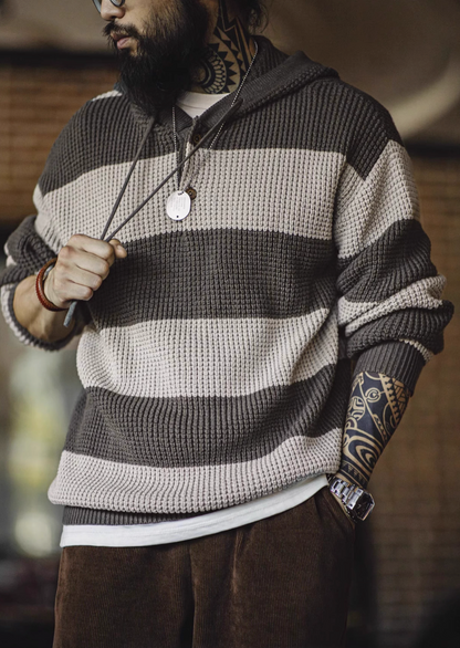 Casual Striped Waffle-Knit Pullover Hoodie in Lead Gray Stripes worn by model highlighting two-tone stripe pattern waffle knit texture and relaxed comfortable fit