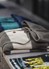 Casual Striped Waffle-Knit Pullover Hoodie folded display showing both Blue-Green Stripes and Lead Gray Stripes highlighting waffle knit texture two-tone stripe design and wooden button neckline detail