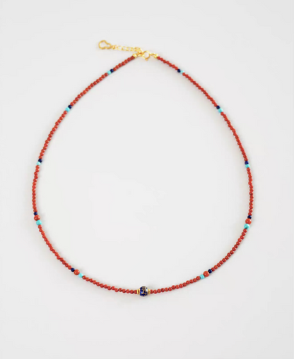 Celestial Harmony beaded necklace full view showing red agate strand with turquoise and lapis lazuli bead details