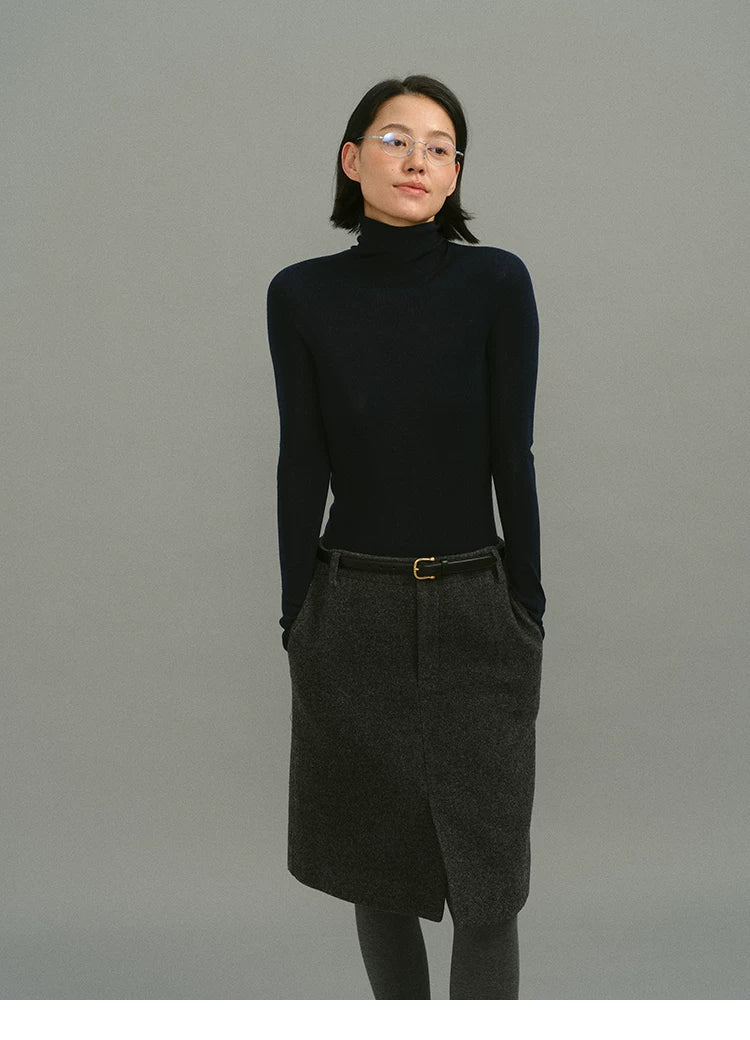 Front view of Charcoal Gray high-waisted straight wool skirt with side pockets
