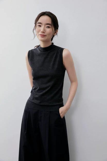 Front view of Charcoal Gray slim-fit sleeveless wool knit top with ribbed hem