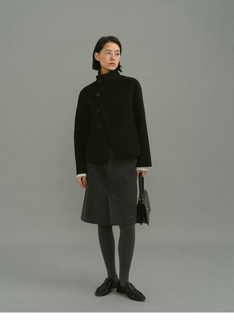 Full-length view of Charcoal Gray high-waisted wool knee skirt with front slit