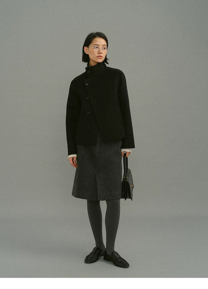 Full-length view of Charcoal Gray high-waisted wool knee skirt with front slit