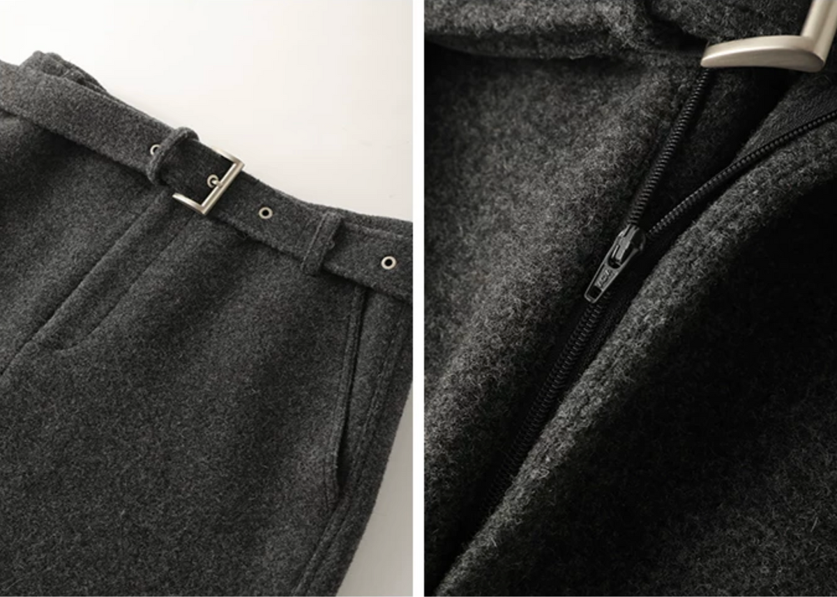 Detail of Charcoal Gray wool skirt showing detachable buckle belt and front zip fly