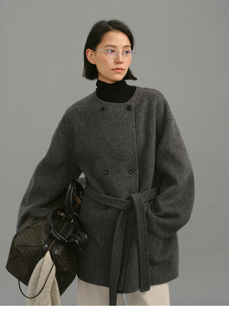 Soft-Structure Charcoal Round-Neck Wool Coat