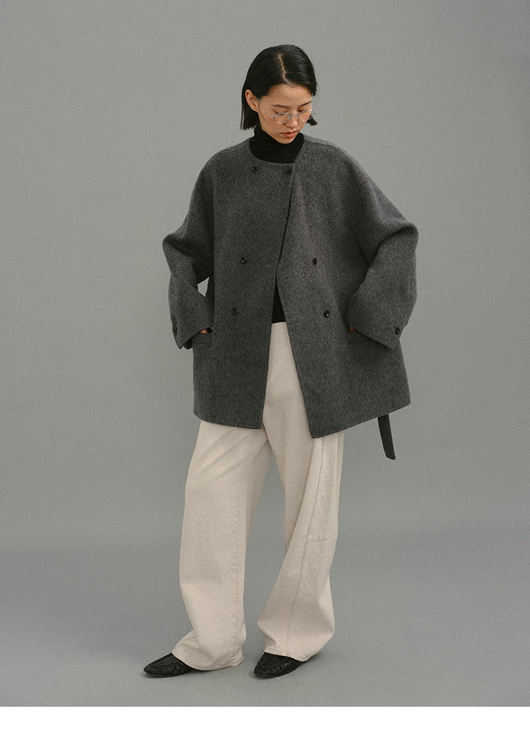 Soft-Structure Charcoal Round-Neck Wool Coat