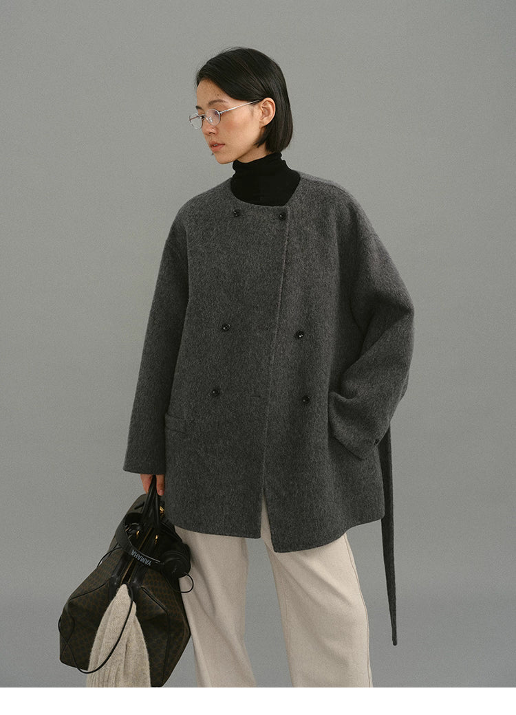 Soft-Structure Charcoal Round-Neck Wool Coat