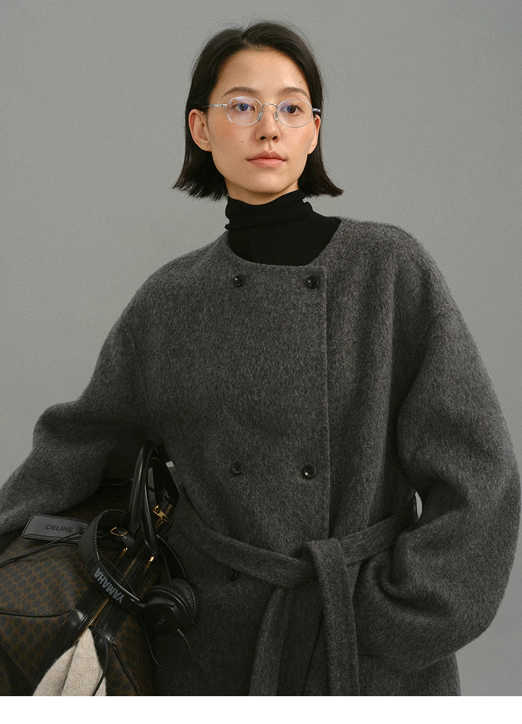 Soft-Structure Charcoal Round-Neck Wool Coat