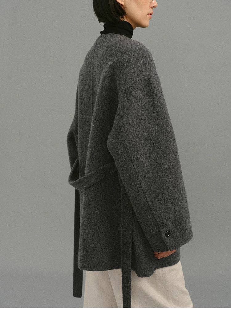 Soft-Structure Charcoal Round-Neck Wool Coat