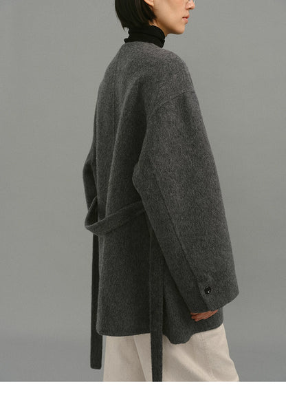 Soft-Structure Charcoal Round-Neck Wool Coat