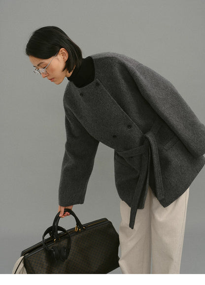 Soft-Structure Charcoal Round-Neck Wool Coat