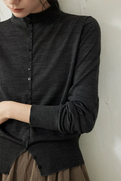 Charcoal wool cardigan, close-up of button placket and ribbed hem