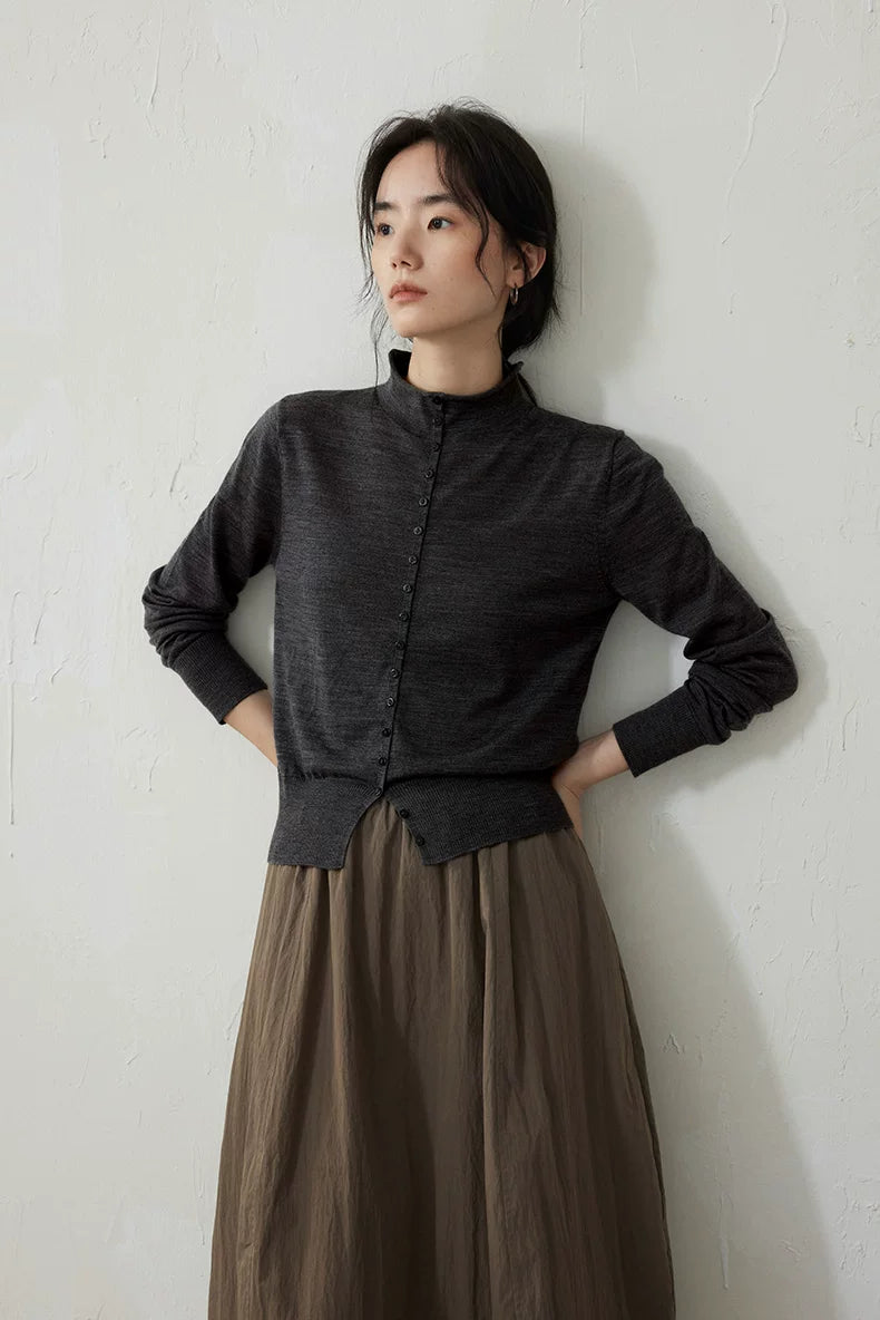 Charcoal wool cardigan, front view on model