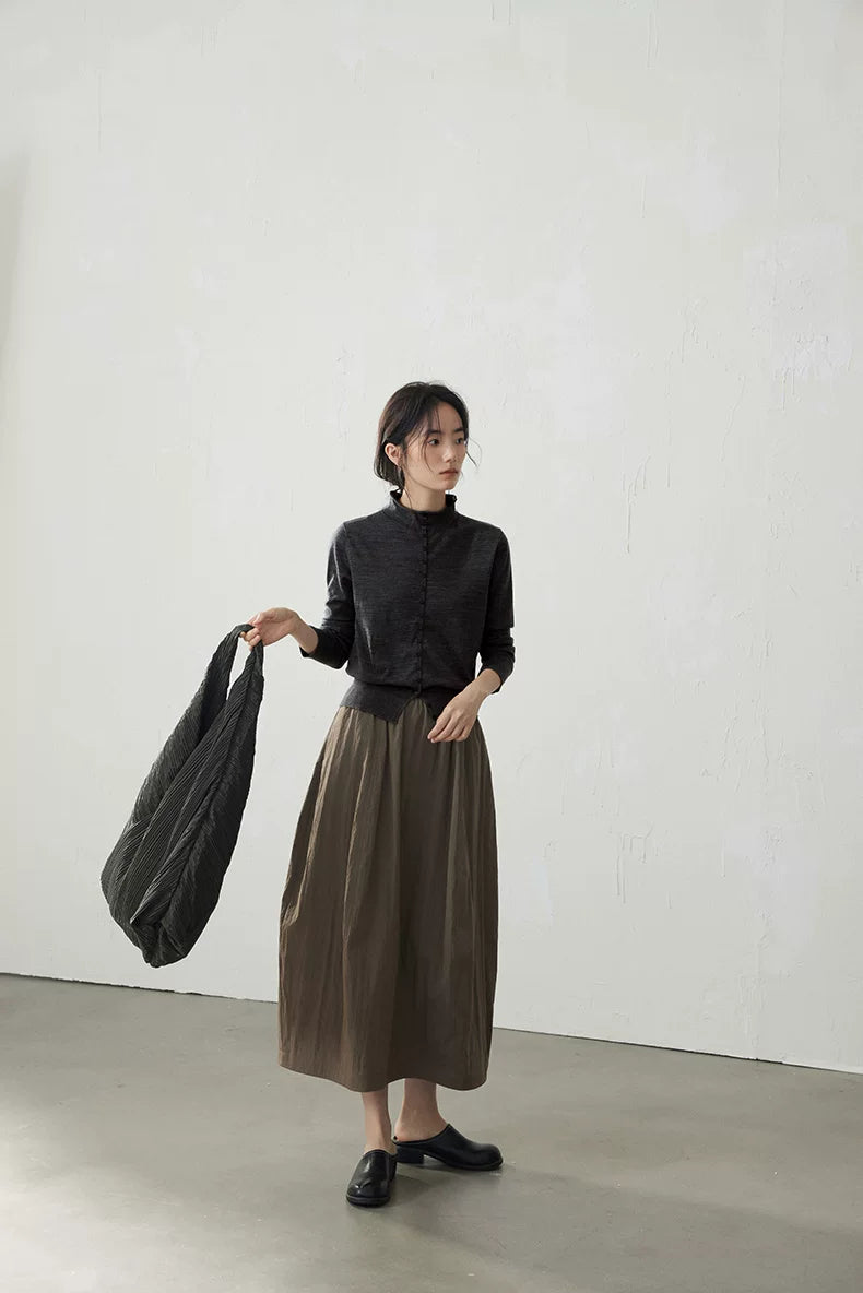 Charcoal wool cardigan, full-length styled view with tote bag