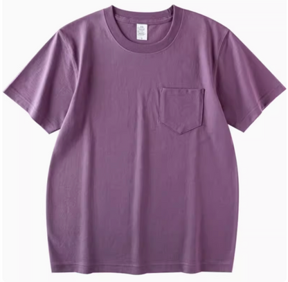 Chic Pocket Tee purple short sleeve crewneck t-shirt front view featuring chest pocket on clean background