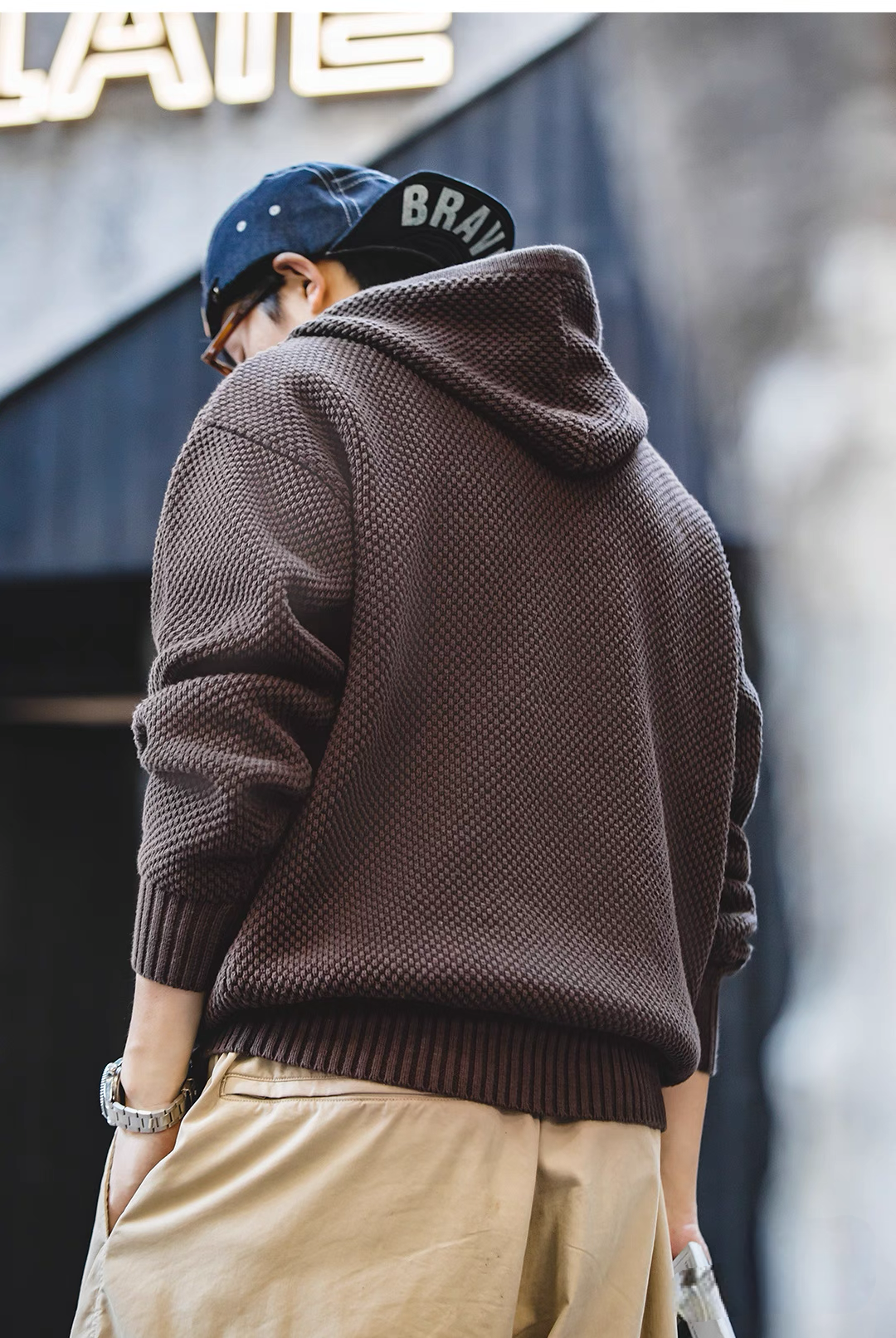 Chunky Waffle Knit Pullover Hoodie coffee back view highlighting textured waffle knit and relaxed drop shoulder fit