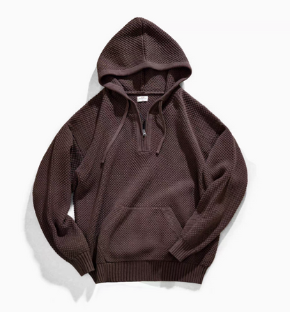 Chunky Waffle Knit Pullover Hoodie coffee front flat lay showing raised waffle texture, quarter zip, hood, and kangaroo pocket