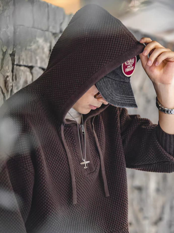 Chunky Waffle Knit Pullover Hoodie coffee close-up of hood and quarter zip showing textured knit and adjustable drawstrings