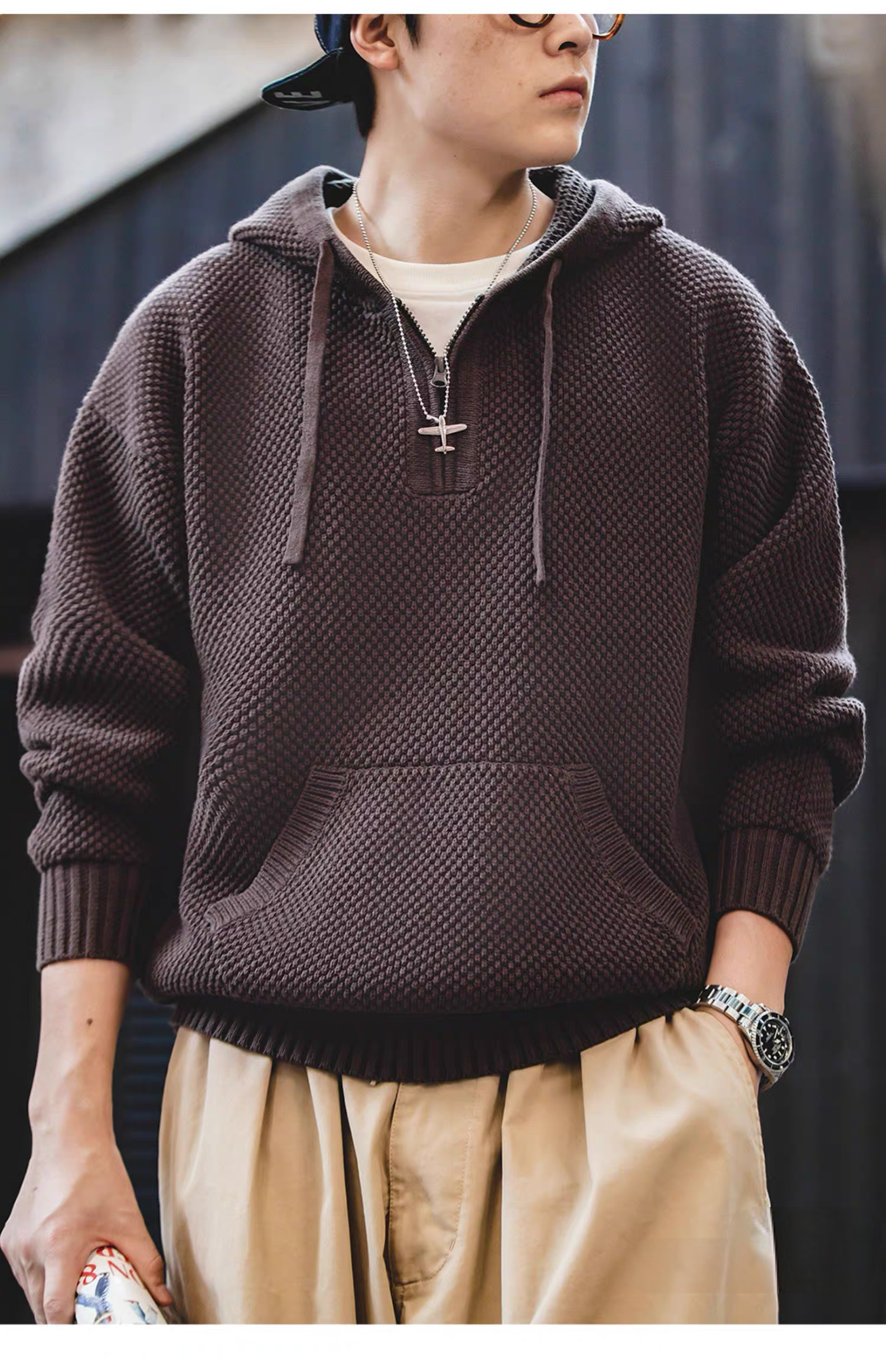 Chunky Waffle Knit Pullover Hoodie coffee worn casually showing textured knit, relaxed fit, quarter zip detail, and front pocket