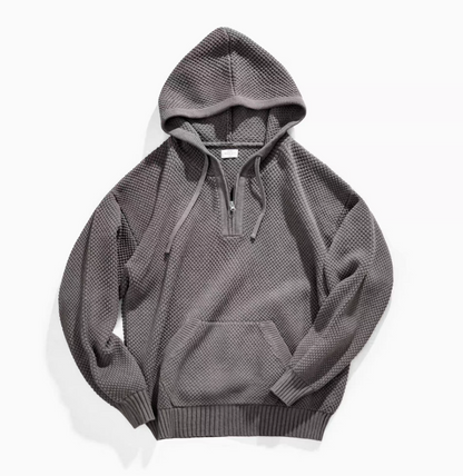 Chunky Waffle Knit Pullover Hoodie gray front flat lay showing raised texture, hood, quarter zip, and kangaroo pocket