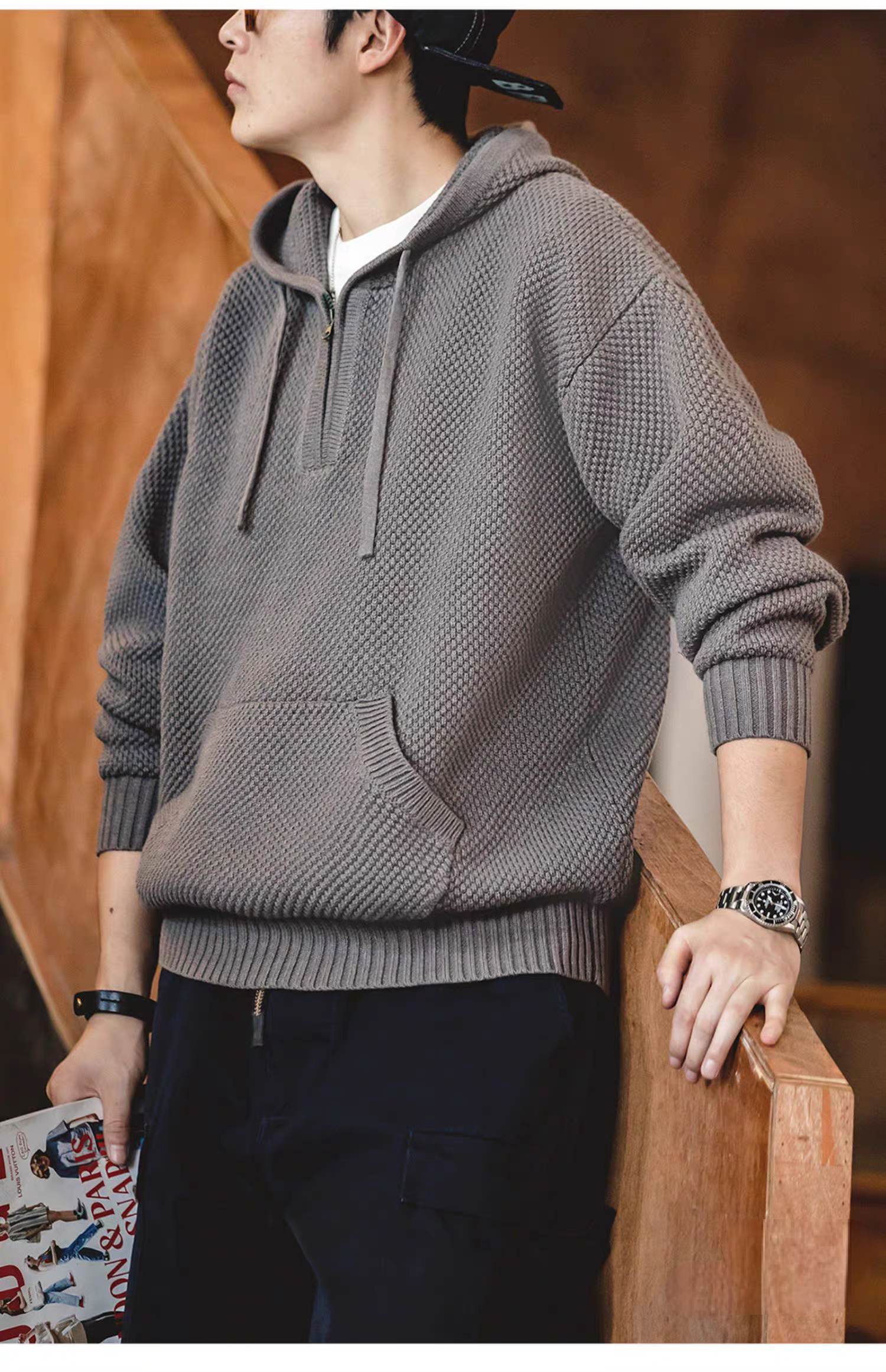 Chunky Waffle Knit Pullover Hoodie gray side view showing relaxed fit, textured knit, and casual everyday styling