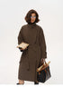 Coffee brown stand-collar city trench coat shown in full front view with bag and notebook.