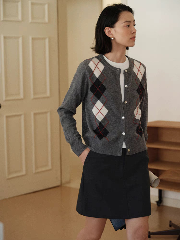 Classic Argyle Wool Button Cardigan in light gray, front view on model with Ivy League styling and diamond knit pattern