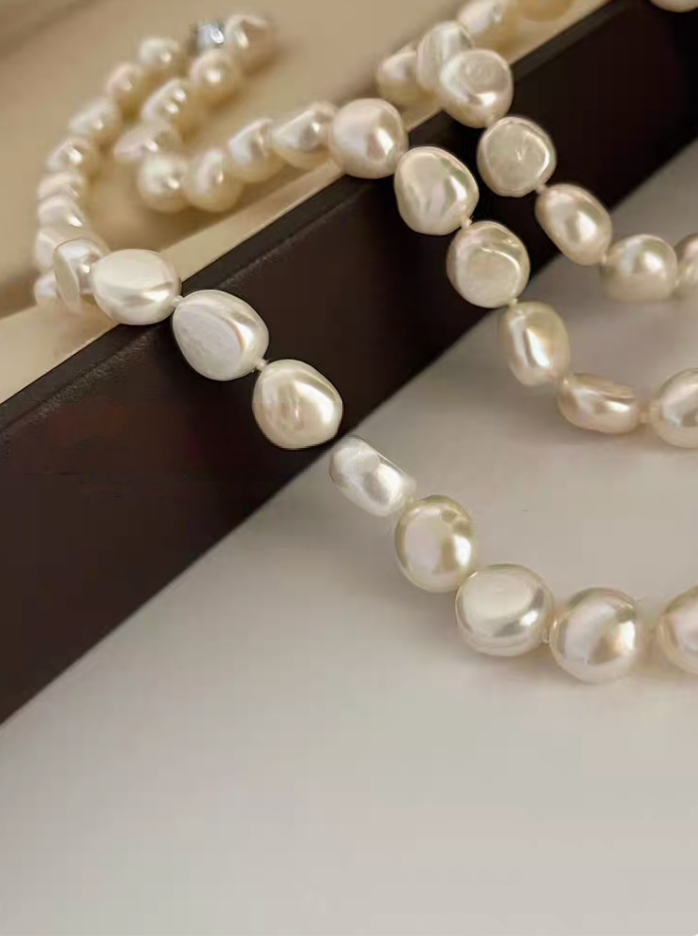 Classic Baroque Pearl Necklace close display highlighting irregular freshwater pearl shapes and luster