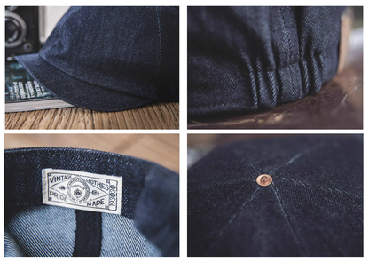 Dark Blue Classic Denim Miki Cap detail collage showing brim stitching side fold interior label and top button construction