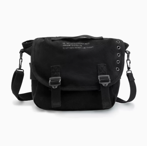 Classic M1961 canvas motorcycle bag in black front view showing flap closure buckle straps and adjustable shoulder strap