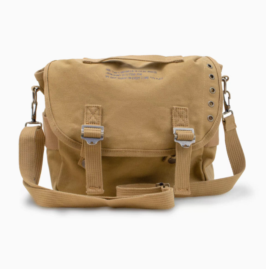 Classic M1961 canvas motorcycle bag in khaki front view showing flap closure dual buckle straps and adjustable shoulder strap