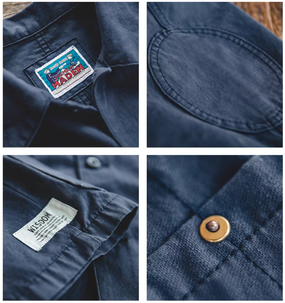 Classic Multi-Pocket Hunting Jacket navy blue close up fabric texture stitching logo label and button hardware details