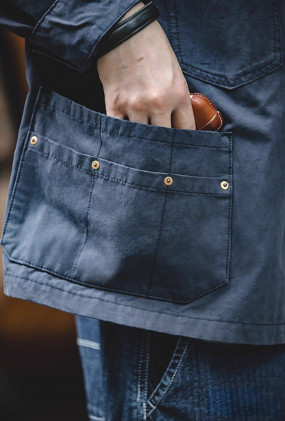 Classic Multi-Pocket Hunting Jacket navy blue large front pocket detail showing reinforced stitching and brass rivets
