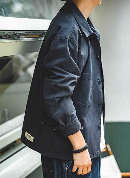 Classic Multi-Pocket Hunting Jacket navy blue side profile highlighting sleeve structure and pocket stitching details