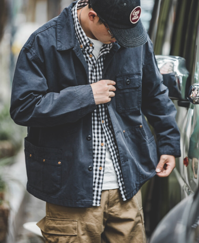 Classic Multi-Pocket Hunting Jacket navy blue worn with check shirt and cargo pants casual street style outfit