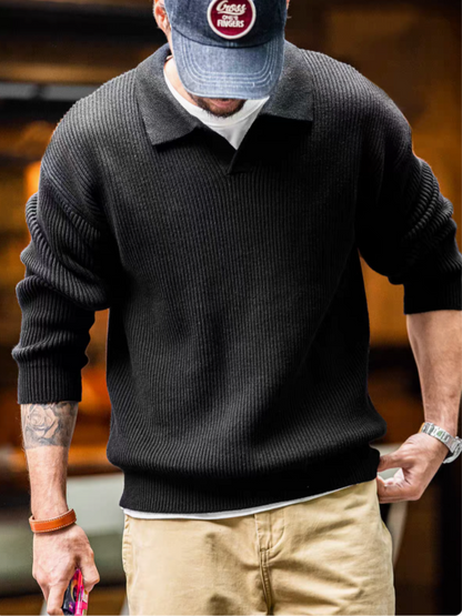 Classic Ribbed Knit Polo Sweater black styled casually with cap and layered shirt for vintage-inspired look