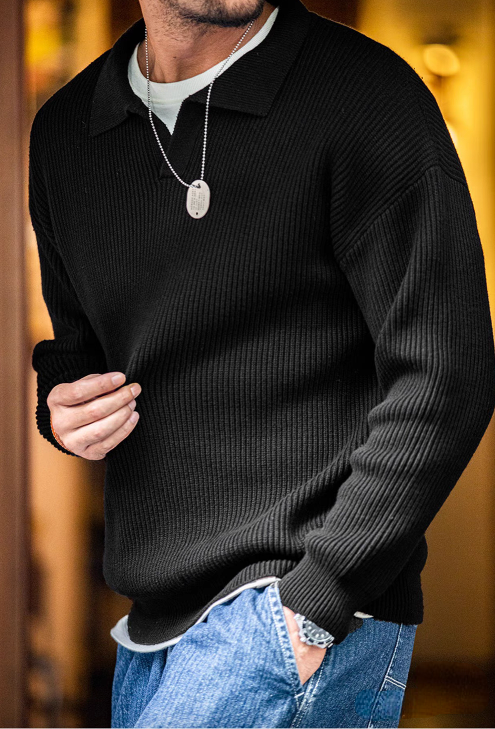 Classic Ribbed Knit Polo Sweater black worn with jeans showcasing relaxed fit and refined casual style