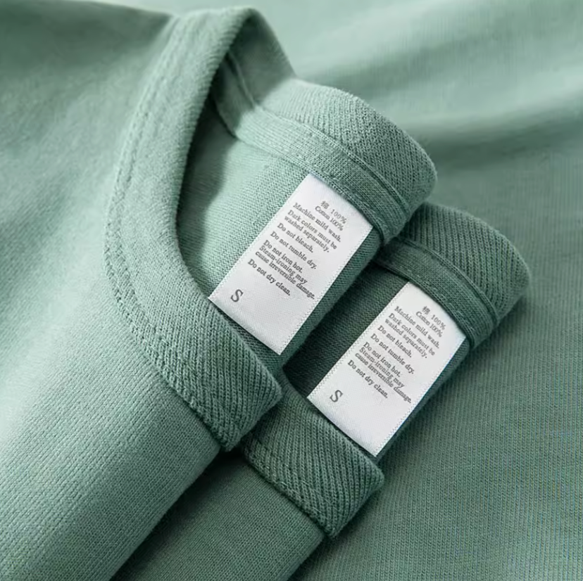 Classic Sage Everyday Tee mineral blue color collar label detail showing crewneck stitching and size tag