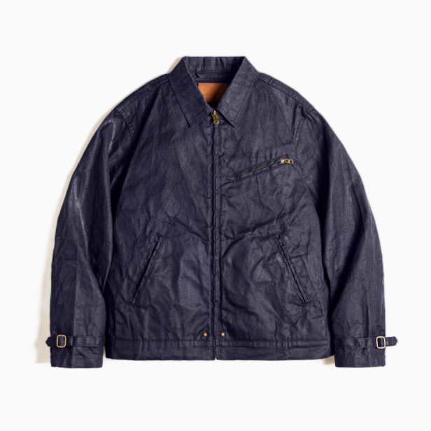 Classic Trail Waxed Jacket in Dark Blue front view showing spread collar, zip closure and front pocket placement