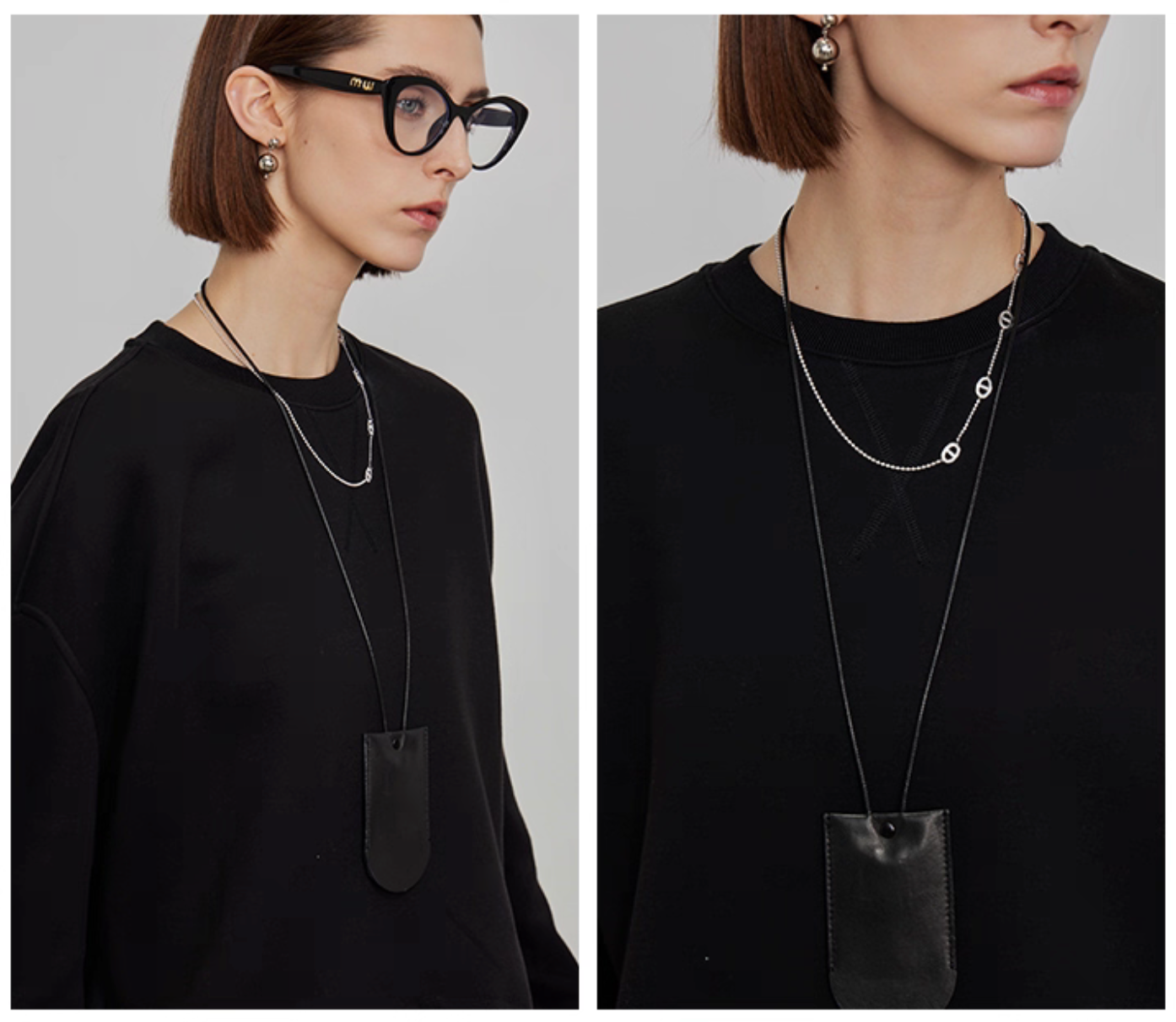 Closeup of neckline and layered necklace on women’s oversized black sweatshirt