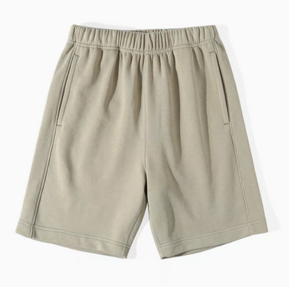 Cloth Relaxed Shorts Olive Gray front view showing relaxed fit and elastic waistband design
